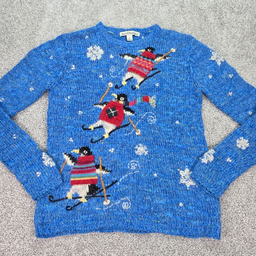 Vintage David Brooks Blue Skiing Penguin Snowflake Knit Sweater Women Small Soft